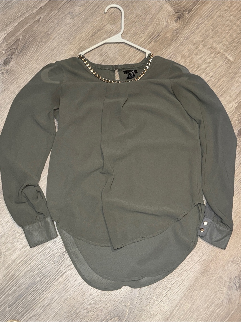 Rue21 Olive Green Long-Sleeve Blouse with Gold Chain
